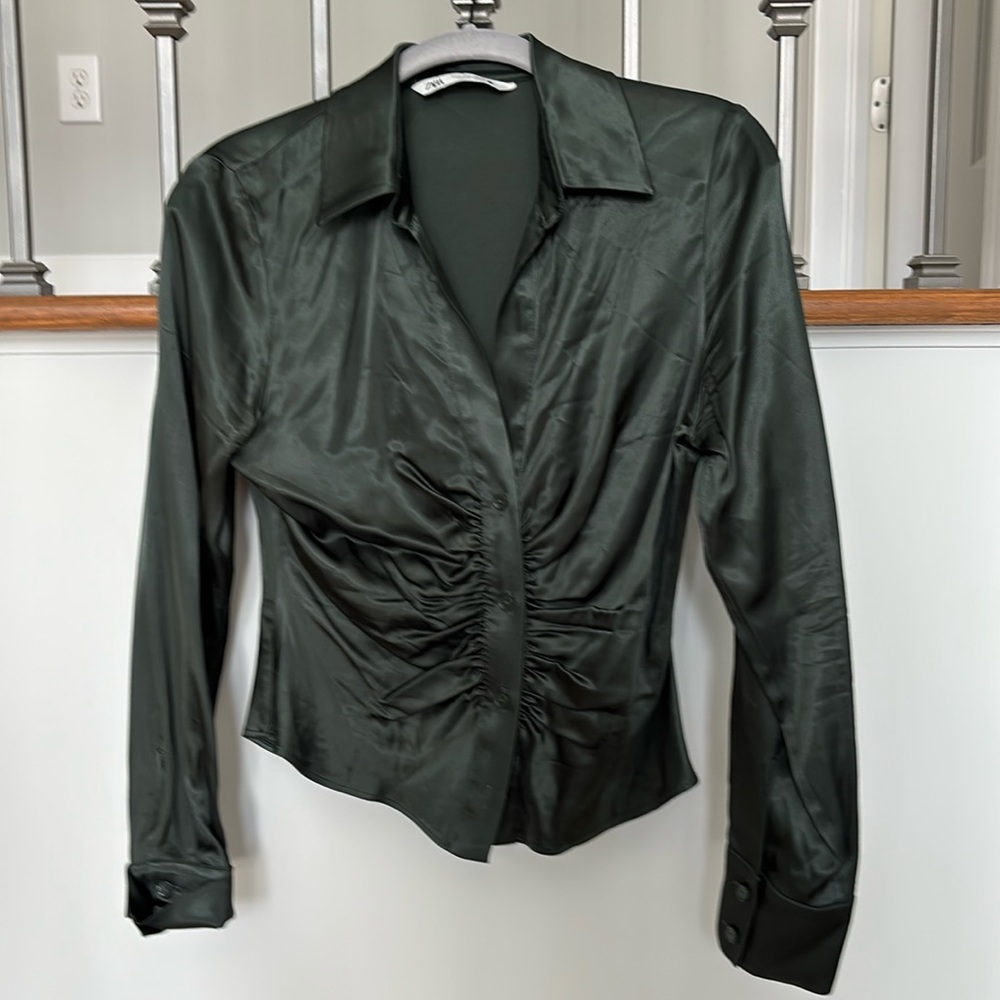 Zara silky satin green button down blouse size small